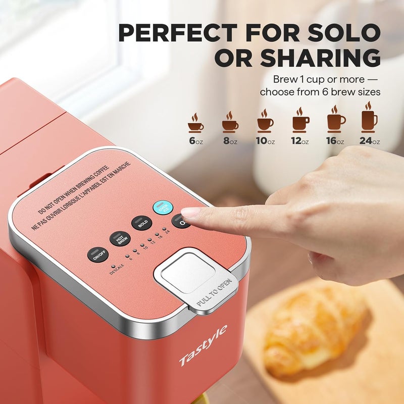 Tastyle Single Serve Coffee Maker, Iced and Hot Coffee Machine for K Cup & Grounds, Compact Design, 40oz Removable Water Reservoir, 6 to 24 Oz Brew Sizes, Fits 7.3" Travel Mug, Salmon - Image 5